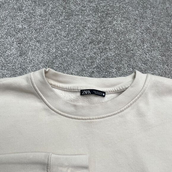 Zara Sof Fleece Pullover Sweatshirt Womens Large Beige Crew Neck Cotton Casual - Picture 3 of 14